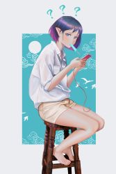 Rule 34 | 1girl, ?, absurdres, barefoot, blue eyes, blush, cellphone, feet, food, highres, looking at viewer, md5 mismatch, original, phone, pointy ears, popsicle, purple hair, qizhu, resolution mismatch, short sleeves, shorts, sitting, smartphone, solo, source larger, stool