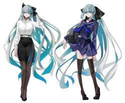 Rule 34 | 1girl, absurdres, aqua eyes, aqua hair, bag, black pantyhose, black skirt, black thighhighs, blue neckerchief, blue shirt, blue skirt, bow, breasts, closed mouth, collared shirt, fate/grand order, fate (series), full body, hair bow, hand in own hair, hand up, highres, loafers, long hair, long sleeves, looking at viewer, medium breasts, morgan le fay (chaldea satellite station) (fate), morgan le fay (fate), multiple views, neckerchief, pantyhose, pleated skirt, sailor collar, san (harutuki 3), school bag, shirt, shirt tucked in, shoes, side slit, sidelocks, skirt, thighhighs, very long hair, white background, white shirt