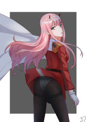 Rule 34 | 10s, 1girl, 777, absurdres, ass, black pantyhose, breasts, cape, clothes lift, darling in the franxx, from behind, gloves, green eyes, hairband, highres, horns, long hair, looking back, medium breasts, military, military uniform, panties, panties under pantyhose, pantyhose, pink hair, sideboob, skirt, skirt lift, solo, underwear, uniform, zero two (darling in the franxx)