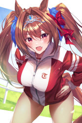 Rule 34 | 1girl, animal ears, blue sky, blush, breasts, brown hair, daiwa scarlet (umamusume), fang, fence, fukai ryosuke, hair intakes, hands on own hips, highres, horse ears, horse girl, horse tail, jacket, large breasts, long hair, long sleeves, looking at viewer, open mouth, red eyes, red jacket, sky, smile, solo, tail, thighs, tiara, track jacket, twintails, umamusume, very long hair, zipper, zipper pull tab