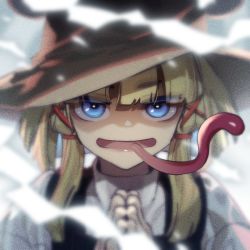 Rule 34 | 1girl, black vest, blonde hair, blue eyes, brown hat, commentary request, grey background, hair ribbon, hands up, hat, long tongue, looking at viewer, moriya suwako, open mouth, own hands together, palms together, red ribbon, ribbon, shirt, short hair with long locks, smile, solo, tongue, tongue out, touhou, tress ribbon, upper body, vest, white shirt, zounose