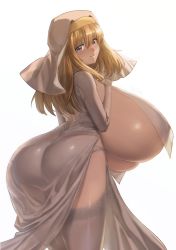 Rule 34 | 1girl, absurdres, ass, blonde hair, blue eyes, breasts, commission, dress, from behind, gigantic breasts, habit, hand on own chest, highres, huge ass, lace, lace-trimmed legwear, lace trim, light smile, long hair, long sleeves, looking at viewer, looking back, nori (artist), nun, original, panties, simple background, solo, thighhighs, underwear, veil, white background, white dress, white panties, white thighhighs