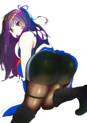Rule 34 | 1girl, all fours, aoiroum07, ass, azur lane, bare shoulders, black shorts, boots, breasts, brown eyes, from behind, highres, large breasts, long hair, looking at viewer, mullany (azur lane), pantyhose, purple hair, shiny clothes, shiny skin, short shorts, shorts, sideboob, solo