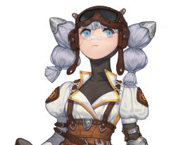 Rule 34 | 1girl, armor, belt, bgy, blacksmith, blue eyes, brown headwear, closed mouth, collarbone, goggles, goggles on head, grey hair, highres, long hair, original, pouch, scar, scar on face, simple background, solo, turtleneck, upper body, white background, wrench