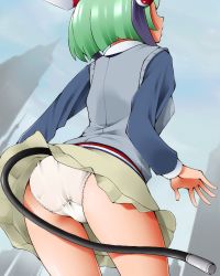 Rule 34 | 1girl, ass, cable, cable tail, commentary request, dimension w, dr rex, green hair, mechanical tail, multicolored hair, panties, pantyshot, short hair, skirt, solo, tail, two-tone hair, underwear, white panties, yurizaki mira