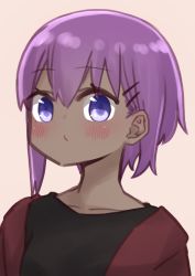 Rule 34 | 1girl, black shirt, blush, brown background, collarbone, dark-skinned female, dark skin, fate/prototype, fate/prototype: fragments of blue and silver, fate (series), hair between eyes, hair ornament, hairclip, hassan of serenity (fate), highres, i.u.y, jacket, open clothes, open jacket, purple eyes, purple hair, red jacket, shirt, sidelocks, simple background, solo, upper body