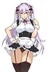Rule 34 | 1girl, apron, black thighhighs, bow, bowtie, breasts, commentary request, demon girl, demon horns, demon maid (houtengeki), dress, garter straps, hand on own hip, highres, horns, houtengeki, long hair, looking at viewer, maid, medium breasts, original, panties, parted lips, pointy ears, purple eyes, purple hair, short dress, short sleeves, simple background, solo, thighhighs, twintails, underwear, waist apron, white background, wrist cuffs