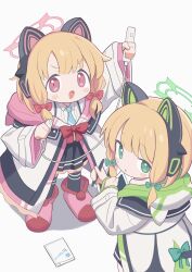 Rule 34 | 2girls, absurdres, animal ear headphones, animal ears, atat250, black skirt, black thighhighs, blonde hair, blue archive, blush, bow, fake animal ears, green bow, green eyes, green halo, hair bow, halo, headphones, highres, holding, holding stylus, jacket, long sleeves, looking at viewer, midori (blue archive), momoi (blue archive), multiple girls, open clothes, open jacket, open mouth, parted lips, pink halo, pleated skirt, red bow, red eyes, short hair, siblings, simple background, sisters, skirt, stylus, thighhighs, twins, white background, white jacket