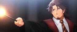 Rule 34 | 1boy, belmond banderas, black robe, brown hair, brown necktie, choco (chocovix112), collared shirt, cosplay, diagonal-striped clothes, diagonal-striped necktie, hair between eyes, highres, hogwarts legacy, hogwarts school uniform, holding, holding wand, long sleeves, male focus, necktie, nijisanji, parted bangs, parted lips, robe, school uniform, shirt, solo, striped clothes, thick eyebrows, upper body, virtual youtuber, wand, white shirt, wide sleeves, wizarding world, yellow eyes