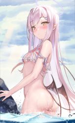 Rule 34 | 1girl, ass, blush, bottomless, breasts, cloud, demon girl, demon tail, demon wings, fallen angel, hair ornament, hairclip, halo, highres, kanzarin, long hair, looking at viewer, mole, original, outdoors, partially submerged, pointy ears, sakuragi aika, see-through, sky, small breasts, solo, sunlight, tail, very long hair, water, wet, wet clothes, wings, yellow eyes