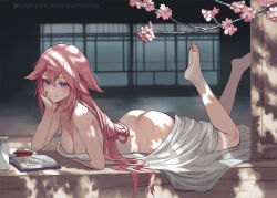 Rule 34 | 1girl, ass, bed sheet, book, bottle, breasts, butt crack, cherry blossoms, cleavage, elbow rest, feet up, from side, genshin impact, highres, large breasts, long hair, looking at viewer, lying, naked sheet, on floor, on stomach, open book, pink hair, sake bottle, solo, the pose, very long hair, yae miko, zefrableu