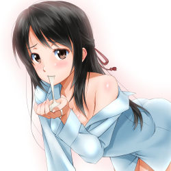 Rule 34 | 10s, 1girl, aged up, all fours, arm support, black hair, blush, breasts, brown hair, collarbone, cum, cum in mouth, cum on hands, kimi no na wa., long hair, looking at viewer, miyamizu mitsuha, pajamas, sexually suggestive, small breasts, solo, suggestive fluid, sumeragi tomo