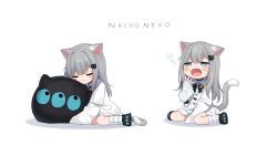 Rule 34 | 1girl, :t, amashiro natsuki, animal ears, black footwear, blue eyes, blush stickers, cat ears, cat girl, cat tail, character name, closed eyes, closed mouth, collared dress, dress, fang, grey hair, hair ornament, half-closed eyes, indie virtual youtuber, long hair, long sleeves, multiple views, nachoneko, open mouth, shadow, sleeves past wrists, slippers, socks, striped clothes, striped legwear, striped socks, tail, tears, very long hair, virtual youtuber, wavy mouth, white background, white dress, yawning