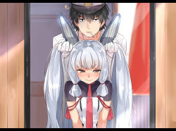 Rule 34 | 10s, 1boy, admiral (kancolle), blush, bunching hair, cigarette, dress, embarrassed, hair ribbon, hairdressing, hand in own hair, hat, headgear, isshiki (ffmania7), kantai collection, letterboxed, long hair, military, military uniform, mouth hold, murakumo (kancolle), naval uniform, orange eyes, peaked cap, remodel (kantai collection), ribbon, sailor dress, short eyebrows, sidelocks, tress ribbon, uniform