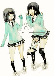 Rule 34 | 2girls, aqua eyes, aqua sweater, between legs, black hair, black ribbon, black socks, breasts, closed eyes, collared shirt, fangs, female focus, flat chest, full body, hand between legs, happy, have to pee, highres, kneehighs, knees together feet apart, long sleeves, looking at another, medium breasts, medium hair, miniskirt, multiple girls, multiple views, neck ribbon, nervous, o o, open mouth, original, over-kneehighs, pleated skirt, ribbon, rinshoku, school uniform, shirt, shoes, sidelocks, simple background, skirt, sleeves past wrists, smile, socks, standing, sweater, tears, thighhighs, thighs, thought bubble, traditional media, turn pale, v-shaped eyebrows, v arms, white background, white eyes, white footwear, white shirt
