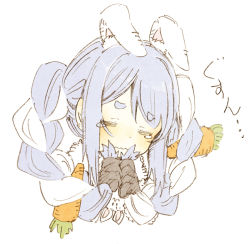 Rule 34 | 1girl, abara heiki, animal ear fluff, animal ears, blue hair, blush, braid, carrot hair ornament, closed eyes, closed mouth, commentary, food-themed hair ornament, fur scarf, hair ornament, holding, holding hair, hololive, light blue hair, long hair, looking at viewer, multicolored hair, rabbit ears, sad, simple background, solo, tears, thick eyebrows, traditional media, translated, twin braids, twintails, two-tone hair, upper body, usada pekora, usada pekora (1st costume), virtual youtuber, wavy mouth, white background, white hair