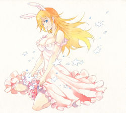 Rule 34 | 1girl, agahari, alternate costume, animal ears, bare shoulders, blue eyes, breasts, charlotte e. yeager, cleavage, clothes lift, dress, dress lift, female focus, formal, frilled dress, frills, full body, grin, kneeling, large breasts, long hair, looking at viewer, neck, off-shoulder dress, off shoulder, orange hair, parted lips, pink dress, rabbit ears, rabbit girl, seiza, sitting, smile, solo, star (symbol), strike witches, traditional media, world witches series
