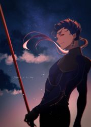Rule 34 | 1boy, absurdres, armor, beads, blue bodysuit, blue hair, bodysuit, cu chulainn (fate), cu chulainn (fate/stay night), earrings, fate/stay night, fate (series), floating hair, fomnant, gae bolg (fate), grin, hair beads, hair ornament, highres, holding, holding polearm, holding weapon, jewelry, long hair, looking at viewer, male focus, muscular, muscular male, pauldrons, polearm, ponytail, red eyes, shoulder armor, skin tight, sky, smile, solo, spiked hair, twitter username, weapon