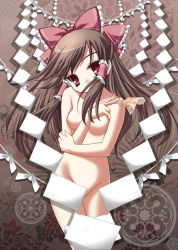 Rule 34 | 1girl, bow, breasts, brown hair, censored, convenient censoring, covering privates, female focus, gohei, hakurei reimu, kenkou toshikou, no nipples, nude, nude cover, ofuda, red eyes, ribbon, shide, solo, touhou