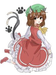 Rule 34 | 1girl, :o, animal ears, blush, brown eyes, brown hair, cat ears, cat tail, chen, commentary request, dress, frills, from side, full body, gekiyaba0512, hat, long sleeves, looking at viewer, looking back, medium hair, mob cap, multiple tails, nekomata, open mouth, paw print, paw print background, petticoat, red dress, simple background, solo, tail, touhou, two tails, white background