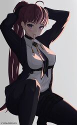Rule 34 | 1girl, absurdres, ahoge, arms behind head, arms up, artist name, belt, black choker, black gloves, black jacket, black necktie, black pants, blush, breasts, brown hair, chest harness, choker, collared shirt, dolla (nikke), earrings, foot out of frame, gloves, goddess of victory: nikke, harness, highres, holding, holding own hair, jacket, jewelry, long hair, long sleeves, looking at viewer, medium breasts, mole, mole under eye, mouth hold, multicolored necktie, necktie, on one knee, open clothes, open jacket, pants, ponytail, purple eyes, purple necktie, shirt, shirt tucked in, simple background, solo, thigh belt, thigh strap, white shirt, yunareas