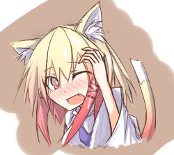 Rule 34 | 1girl, alternate hair color, animal ears, blonde hair, blush, brown background, cat ears, cat girl, cat tail, fang, female focus, gradient hair, ichiyan, long sleeves, looking at viewer, moriya suwako, multicolored hair, nose blush, one eye closed, open mouth, red hair, short hair, solo, tail, touhou, two-tone hair, wide sleeves, yellow eyes