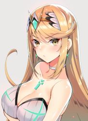 Rule 34 | 1girl, akahito, arm support, bare arms, bare shoulders, bed sheet, blonde hair, blush, breasts, closed mouth, commentary request, covered navel, earrings, fingernails, grey background, highres, jewelry, large breasts, long hair, looking at viewer, mythra (radiant beach) (xenoblade), mythra (xenoblade), neon trim, nintendo, one-piece swimsuit, shiny skin, simple background, solo, strapless, strapless one-piece swimsuit, swimsuit, thighs, tiara, xenoblade chronicles (series), xenoblade chronicles 2, yellow eyes