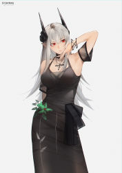 Rule 34 | 1girl, absurdres, arknights, arm up, armpits, bare shoulders, black choker, black dress, breasts, choker, commentary, cowboy shot, detached sleeves, dress, grey background, grey hair, highres, horns, jewelry, large breasts, long hair, looking at viewer, lufi ays, mudrock (arknights), mudrock (obsidian) (arknights), necklace, official alternate costume, pointy ears, red eyes, short sleeves, simple background, sleeveless, sleeveless dress, solo, standing, very long hair