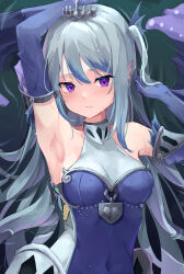 Rule 34 | 1girl, bare shoulders, blue dress, blush, breasts, covered navel, detached sleeves, dress, duel monster, fins, grey hair, head fins, highres, large breasts, long hair, long sleeves, looking at viewer, purple eyes, siren (mythology), sleeves past wrists, solo, tearlaments scheiren, tiara, two side up, unagishirou, yu-gi-oh!