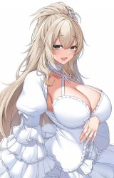 Rule 34 | 1girl, arm under breasts, blonde hair, breasts, cleavage, clothing cutout, detached sleeves, dress, frilled sleeves, frills, green eyes, hand up, happy, highres, huge breasts, long hair, long sleeves, looking at viewer, open mouth, original, ponytail, puffy long sleeves, puffy sleeves, ribbon, simple background, smile, solo, suruga (xsurugax), teeth, upper teeth only, white background, white dress, white ribbon, wide sleeves