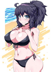 Rule 34 | 1girl, @ @, ahoge, alternate breast size, beach, bikini, black bikini, blue eyes, blue hair, breasts, cleavage, closed mouth, cowboy shot, creatures (company), game freak, hairband, hands on own chest, hex maniac (pokemon), highres, large breasts, looking at viewer, nintendo, pokemon, pokemon xy, ponytail, shimure (460), side-tie bikini bottom, solo, swimsuit, wavy mouth