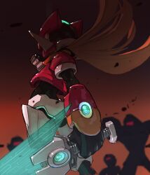 Rule 34 | 1other, absurdres, armor, black background, black bodysuit, blonde hair, bodysuit, bodysuit under clothes, cropped jacket, crotch plate, energy sword, feet out of frame, forehead jewel, from behind, galleon (mega man), glowing, gradient background, highres, jacket, long hair, mega man (series), mega man zx, model zx (mega man), open clothes, open jacket, orange background, power armor, red eyes, red helmet, silhouette, sword, tanaka (is2 p), weapon