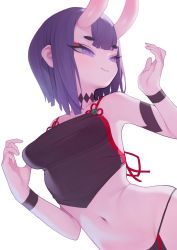 Rule 34 | 1girl, absurdres, bare shoulders, blush, closed mouth, eyeshadow, fate/grand order, fate (series), highres, horns, makeup, navel, purple eyes, purple hair, rabbit (wlsdnjs950), red eyeshadow, short eyebrows, short hair, shuten douji (fate), simple background, skin-covered horns, slit pupils, smile, solo, white bag
