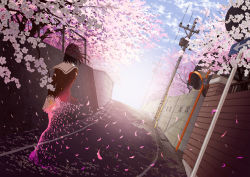 Rule 34 | 1girl, altamira~torocchi, arms behind back, bad id, bad pixiv id, black hair, chain-link fence, cherry blossoms, day, dissolving, dutch angle, fading, fence, from behind, goke shike (altamira05), original, outdoors, perspective, petals, power lines, road, road sign, scenery, school uniform, serafuku, short hair, sign, solo, street, traffic mirror, utility pole, vocaloid