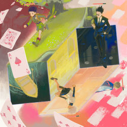 Rule 34 | 4boys, ace (playing card), ace of diamonds, ace of hearts, arch, arms at sides, backpack, bag, belt, black footwear, black hair, black jacket, black necktie, black pants, black shirt, black shorts, blonde hair, boat, boots, boutonniere, brick wall, buttons, card, cigarette, clenched hands, collared shirt, cross-laced footwear, diamond (shape), door, facing away, field, fishing rod, floating card, flower, gon freecss, grass, green footwear, green jacket, green shorts, hand in pocket, hand up, health bar, heart, hengwen, holding, holding cigarette, hunter x hunter, jacket, jumping, killua zoldyck, kurapika, lace-up boots, layered clothes, layered shirt, layered sleeves, leorio paladiknight, long sleeves, looking away, male focus, multiple boys, necktie, pants, playing card, profile, projected inset, running, running bond, shirt, shoes, short hair, short over long sleeves, short sleeves, shorts, spiked hair, standing, sunglasses, surreal, tabard, tree, upside-down, water, watercraft, white flower, white hair, white shirt, window
