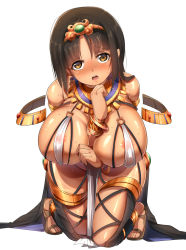 Rule 34 | 1girl, ancient egypt, arm between breasts, bare shoulders, between breasts, blush, bracelet, breasts, brown eyes, brown hair, dark-skinned female, dark skin, egyptian, egyptian clothes, highres, huge breasts, jewelry, long hair, looking at viewer, lots of jewelry, magukappu, nipples, open mouth, original, sandals, simple background, solo, sweat, white background