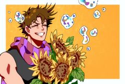 Rule 34 | 1boy, :d, ^ ^, battle tendency, black shirt, bouquet, brown hair, bubble, closed eyes, flower, grin, highres, holding, holding flower, jojo no kimyou na bouken, joseph joestar, joseph joestar (young), male focus, muscular, open mouth, orange background, scarf, shirt, short hair, simple background, sleeveless, smile, solo, striped clothes, striped scarf, sunflower, wulie errr, yellow flower