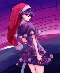 Rule 34 | 1girl, absurdres, bad id, bad pixiv id, bright pupils, capelet, cowboy shot, doremy sweet, dress, hat, highres, legs together, nightcap, nob1109, pom pom (clothes), purple eyes, purple hair, red hat, short hair, sideways mouth, smile, solo, tail, tapir tail, touhou, white pupils