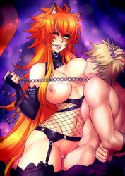Rule 34 | 1boy, 1girl, animal ears, arms behind back, assertive female, bdsm, blonde hair, blush, bondage, bottomless, bound, breast sucking, breasts, catheline (deathblight), chain, collar, crescentia fortuna, deathblight, dominatrix, femdom, fishnets, girl on top, gloves, green eyes, hetero, large breasts, lipstick, long hair, makeup, nail polish, nipples, one eye closed, orange hair, purple background, sex, smile, straddling, tail, thighhighs, uncensored, vaginal