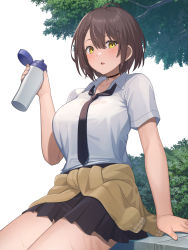 Rule 34 | 1girl, absurdres, azur lane, baltimore (after-school ace) (azur lane), baltimore (azur lane), black necktie, black skirt, blush, bottle, breasts, brown hair, choker, clothes around waist, collarbone, collared shirt, hair between eyes, highres, holding, holding bottle, jacket, jacket around waist, large breasts, looking at viewer, motono (sakamotono), necktie, official alternate costume, outdoors, parted lips, pleated skirt, school uniform, shirt, shirt tucked in, short hair, short sleeves, skirt, solo, sweat, tree, white background, white shirt, yellow eyes, yellow jacket