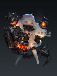 Rule 34 | 10s, 1girl, abyssal ship, angry, bacius, barefoot, cannon, chain, colored skin, covered mouth, dress, enemy aircraft (kancolle), english text, fire, glowing, grey background, gun, horns, kantai collection, long hair, mittens, monster, northern ocean princess, red eyes, simple background, sleeveless, sleeveless dress, thigh strap, weapon, white dress, white hair, white skin