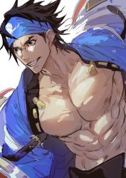 Rule 34 | 1boy, abs, bare pectorals, belt, black hair, brown eyes, glasses, guilty gear, guilty gear strive, headband, highres, male focus, medium hair, mito anji, muscular, nipples, ogata tomio, open mouth, pectorals, smile, solo, teeth