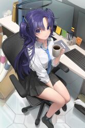Rule 34 | 1girl, absurdres, doodle sensei (blue archive), black skirt, blue archive, blue necktie, blush, closed mouth, coffee, collared shirt, cup, highres, holding, holding cup, indoors, keyboard (computer), long hair, long sleeves, looking at viewer, monitor, necktie, pen, peroro (blue archive), pleated skirt, purple eyes, purple hair, scissors, sei!cho, sensei (blue archive), shirt, sitting, skirt, solo, swivel chair, two side up, white shirt, yuuka (blue archive)