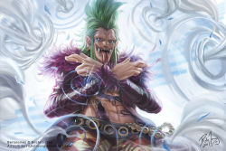 Rule 34 | 10s, 1boy, 2015, abs, artist name, bartolomeo, character name, cowboy shot, crossed arms, crossed fingers, earrings, energy barrier, fangs, fur trim, gradient background, green hair, jacket, jewelry, long tongue, male focus, navel, nose piercing, nose ring, one piece, open clothes, open jacket, piercing, red eyes, resolution mismatch, richy truong, sharp teeth, signature, solo, source larger, striped, striped background, tattoo, tears, teeth, tongue, tongue out, watermark, web address