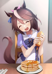 1girl :d animal_ears blouse blush bow brown_hair closed_eyes commentary_request food hair_ribbon honey horse_ears horse_girl horse_tail long_hair mofu_namako multicolored_hair open_mouth plate ponytail purple_shirt ribbon shirt short_sleeves sitting smile solo table tail tokai_teio_(umamusume) umamusume