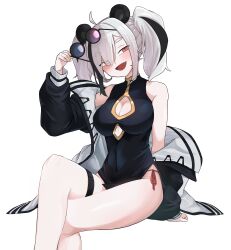 Rule 34 | 1girl, animal ears, arknights, arm support, bare legs, black dress, black hair, black jacket, blush, breasts, chinese clothes, cleavage cutout, clothing cutout, commentary request, cowboy shot, dress, feater (arknights), hair over one eye, head tilt, highres, jacket, korean commentary, large breasts, looking at viewer, multicolored hair, open mouth, panda ears, panda girl, pelvic curtain, red eyes, removing eyewear, short twintails, sitting, smile, streaked hair, sunglasses, thick eyebrows, thigh strap, thighs, tinted eyewear, ttubbip, twintails, two-sided fabric, two-sided jacket, white hair, white jacket