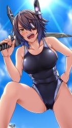 Rule 34 | 1girl, artist name, beach, black one-piece swimsuit, blue sky, blush, breasts, cloud, cloudy sky, collarbone, competition swimsuit, covered navel, cowboy shot, dated, day, eyepatch, hair between eyes, hand on own hip, headgear, highres, kantai collection, large breasts, looking at viewer, one-piece swimsuit, open mouth, outdoors, purple hair, short hair, sky, solo, standing, sunlight, swimsuit, sword, tenryuu (kancolle), tenryuu kai ni (kancolle), tsuchimiya, weapon, yellow eyes