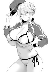 Rule 34 | 1girl, ahoge, artoria pendragon (fate), artoria pendragon (lancer) (fate), baseball cap, bikini, braid, breasts, cleavage, collarbone, commentary request, cosplay, fate/grand order, fate (series), french braid, frown, greyscale, hat, highres, holding, holding clothes, holding hat, huge breasts, jacket, looking at viewer, medium hair, monochrome, mysterious heroine xx (fate), mysterious heroine xx (fate) (cosplay), navel, shrug (clothing), side-tie bikini bottom, skindentation, soba (saz), solo, sweatdrop, swimsuit, unworn hat, unworn headwear, white bikini