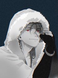 Rule 34 | 1boy, 4040 (shiii yade), bracelet, close-up, closed mouth, cu chulainn (caster) (fate), cu chulainn (fate), earrings, fate/grand order, fate (series), fur-trimmed hood, fur trim, highres, hood, hood up, jewelry, long hair, looking at viewer, male focus, red eyes, simple background, smile, solo