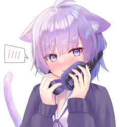 Rule 34 | 1girl, @ @, absurdres, ahoge, animal ear fluff, animal ears, blunt bangs, blush, cat ears, cat girl, cat tail, commentary request, covering own mouth, embarrassed, full-face blush, hands up, headphones, headphones around neck, highres, holding, holding headphones, hololive, looking at viewer, nekomata okayu, nekomata okayu (oversized shirt), open mouth, purple eyes, purple fur, purple hair, purple ribbon, purple sweater, ribbon, shirt, short hair, shy, simple background, solo, spoken blush, sweater, tail, togemaru34, upper body, virtual youtuber, white background, white shirt